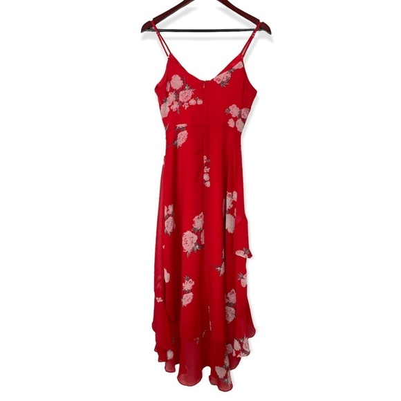 LULUS size XS Love in Bloom Red Floral Print High-Low midi Dress Summer Wedding - Picture 4 of 8